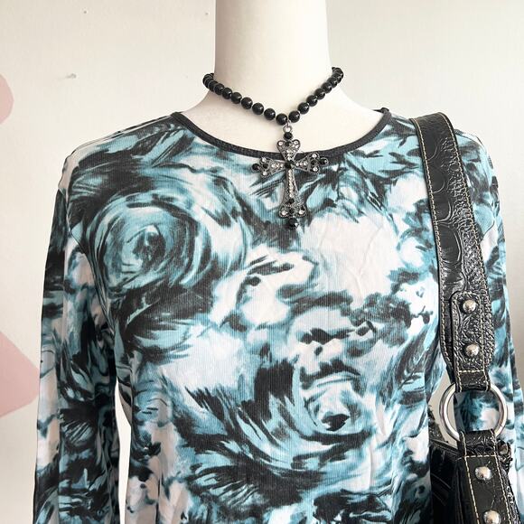 Vintage Blue Floral Grunge Top, Y2K Indie Sleaze 90s Coquette Large Goth‎ - Picture 2 of 6